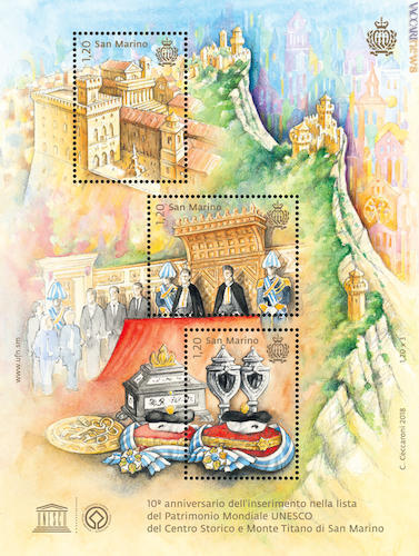 Foglietto “10° anniversario dell’inserimento nella lista del Patrimonio Mondiale UNESCO del Centro Storico e Monte Titano di San Marino”