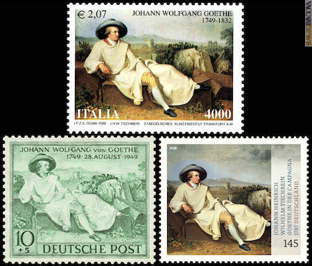 Tre dei francobolli che richiamano il dipinto: l’italiano del 1999, i tedeschi del 1949 e 2018