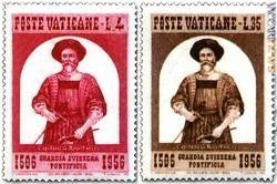 Mezzo secolo prima della congiunta con la Svizzera, la Guardia pontificia ottenne un’altra serie di sei francobolli, due dei quali concepiti dall’incisore scomparso ieri