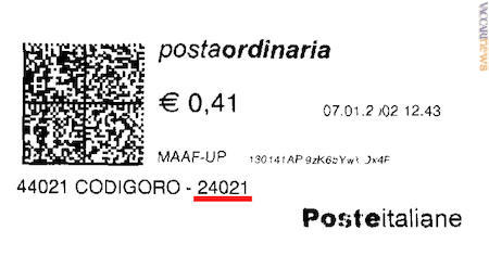 Il frazionario di Codigoro (Ferrara), 24/21, visualizzato in una “tp label”, diventa 24021