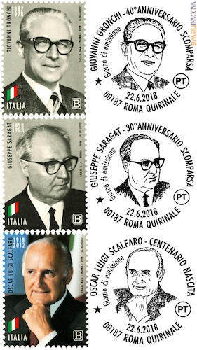 Francobolli ed annulli per Giovanni Gronchi (1887-1978), Giuseppe Saragat (1898-1988) ed Oscar Luigi Scalfaro (1918-2012)