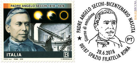 Angelo Secchi, visto attraverso francobollo ed annullo del primo giorno