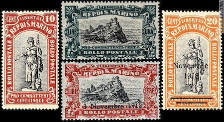 Quattro dei francobolli emessi nel 1918, due dei quali con il testo “3 Novembre 1918” per la fine del conflitto