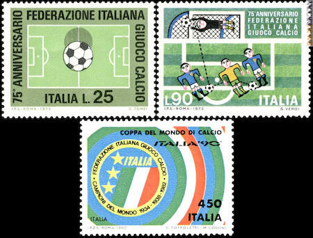 I tre francobolli noti che citano la Federazione italiana giuoco calcio