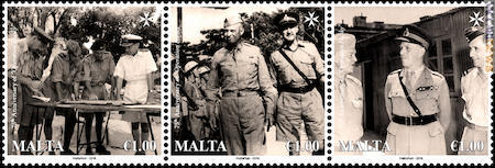 I tre francobolli firmati da Malta; riprendono i protagonisti alleati dell’epoca