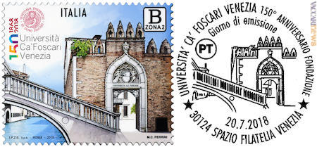 Il francobollo e l’abbinato annullo del primo giorno, in uso oggi allo spazio filatelia di Venezia