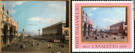 L’olio su tela “Piazza San Marco e piazzetta, verso Sud, Venezia” (Gallerie nazionali d’arte antica di Roma, palazzo Barberini) ed il francobollo italiano del 1968 che lo riprende