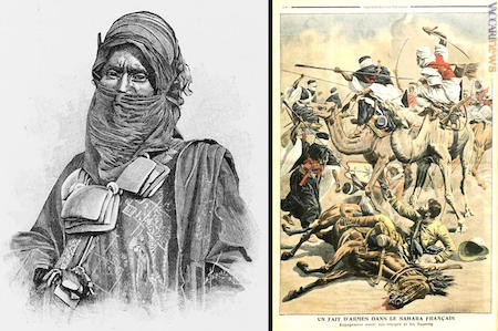 ...e i due soggetti ripresi, tratti da “L’illustration” del 12 settembre 1896 e dal dipinto “Un fait d’armes dans le Sahara français - Engagement entre nos troupes et les touareg”