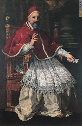 L’olio su tela di Pietro da Cortona con il richiamo postale tra le mani di papa Urbano VIII. Entrambe le opere si trovano ai Musei capitolini 