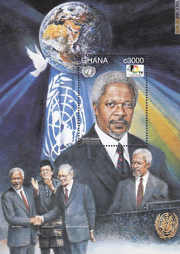 Il foglietto emesso nel 1997: sul bordo, il passaggio delle consegne dopo la sua nomina a segretario generale dell’Onu, con il presidente dell’Assemblea generale, Razali Ismail, e l’uscente Boutros Boutros-Ghali