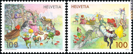 I due francobolli propongono una selezione di personaggi delle fiabe