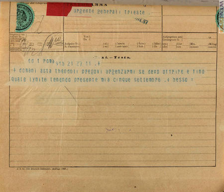 Un suo telegramma al collega Edmondo Richetti; proviene -come l’altra immagine- dall’archivio storico delle Assicurazioni generali e risale al [27] dicembre 1898 (foto del documento: Duccio Zennaro)