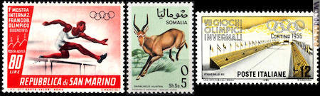 Tre delle cartevalori citate; appartengono alle serie “1ª Mostra internazionale del francobollo olimpico” di San Marino, “Antilopi e gazzelle” di Somalia, “Olimpiadi invernali di Cortina” d’Italia
