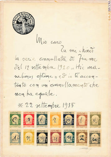 Uno dei reperti in mostra, scritto di pugno da Gabriele D’Annunzio ad un amico: presenta la serie del 12 settembre 1920 con “un annullamento che non eguale”