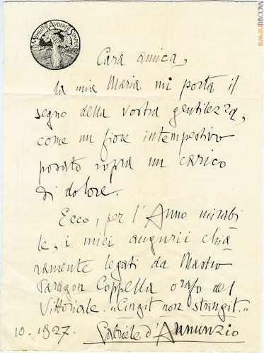 La lettera scritta da Gabriele D’Annunzio a Margherita Sarfatti nell’ottobre del 1927 (all’esposizione di Rovereto)