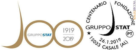Il logo del centenario e l’annullo previsto per domani 