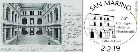 Mostra a Trieste (la vecchia cartolina propone l’interno delle Poste centrali), convegno commerciale a Forlì (l’annullo sammarinese raffigura il palazzo del Podestà)
