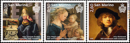 Le cartevalori: l’“Annunciazione” di Leonardo da Vinci, “Madonna con il Bambino e due angeli” di Filippo Lippi, “Autoritratto giovanile” di Rembrandt Harmenszoon van Rijn