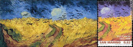 Tra le citazioni, quella per l’olio “Campo di grano con corvi” (Van Gogh museum, Amsterdam, Bridgeman images) e l’interpretazione data da San Marino il 24 gennaio 2003