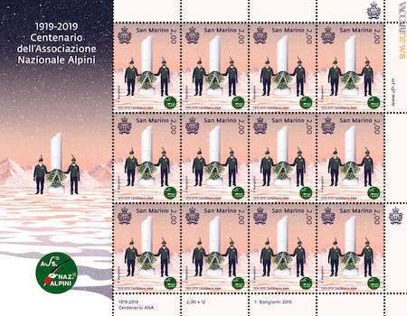 Foglio del valore da 2,00€ della serie postale Centenario dell’Associazione Nazionale Alpini