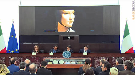 Un momento della conferenza stampa. Da sinistra, il sottosegretario Lucia Borgonzoni, il vice premier Matteo Salvini, il presidente del consiglio Giuseppe Conte, il sottosegretario Giancarlo Giorgetti