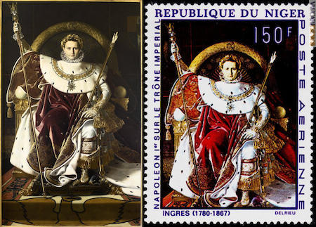 “Napoleone sul trono imperiale”: il dipinto di Jean Auguste Dominique Ingres (conservato a Parigi presso il Musée de l’armée ©) ed una trasposizione postale data dal Niger il 27 gennaio 1969