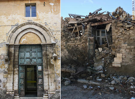 L’ex chiesa di san Fortunato, poi ufficio postale, come si presentava prima e dopo le scosse del 24 agosto 2016 (foto: Comune e Emma Moriconi)
