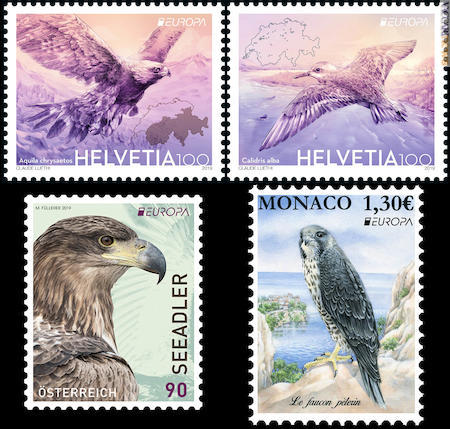 Due francobolli dalla Svizzera, uno da Austria e Monaco