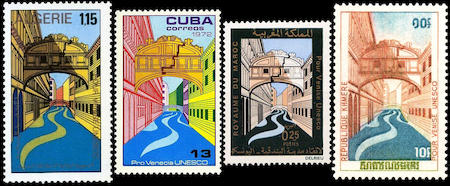 Il mondo per Venezia nel 1972: alcuni dei francobolli individuati dal repertorio
