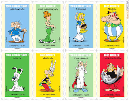 Otto dei dodici francobolli con altrettanti personaggi