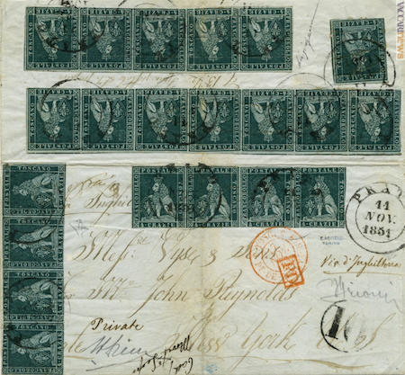 Dalla sua collezione: il plico con il maggior numero noto del 4 crazie (gli esemplari sono ventuno!), spedito da Prato a New York l’11 novembre 1851 via Parigi e Liverpool