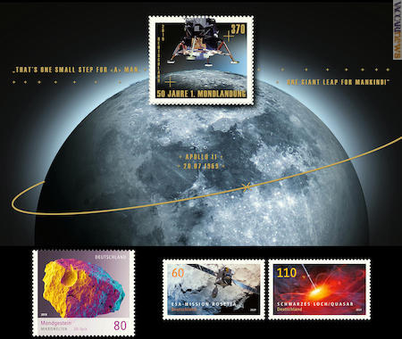 L’omaggio al primo uomo sulla Luna nella versione a foglietto, un esempio di roccia recuperata sul satellite, “Rosetta”, il buco nero - quasar