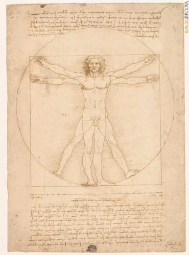 Lo “Studio di proporzioni del corpo umano”, detto “Uomo vitruviano”: è un disegno su carta databile attorno al 1490, appartenente alle Gallerie dell’accademia di Venezia