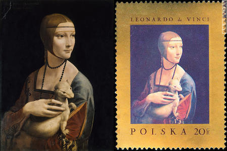 Tra le citazioni possibili, la “Dama dell’ermellino” (1490 circa, ora al Museo nazionale di Cracovia, © 2019, foto Scala), ripresa nel francobollo polacco del 15 novembre 1967