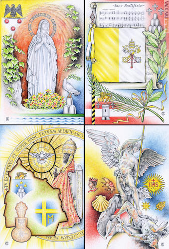 Le quattro cartoline: pongono al centro alcuni soggetti emblematici, cui si aggiungono gli stemmi dei diversi pontefici, da Pio XI a Francesco