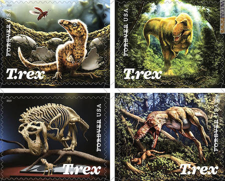 Quattro francobolli per la lucertola tiranna, il tyrannosaurus rex