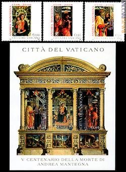 Articolato l'omaggio che il Vaticano dedica ad Andrea Mantegna: tre francobolli e un foglietto, che contiene altre due cartevalori