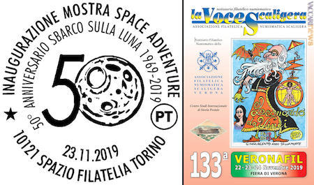L’annullo di Torino per l’iniziativa che coinvolge l’Associazione italiana di astrofilatelia ed il numero unico firmato dall’Associazione filatelica numismatica scaligera