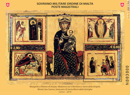 Il foglietto con le opere attribuite a due autori, Margarito (la parte centrale) e Ristoro (gli episodi laterali)