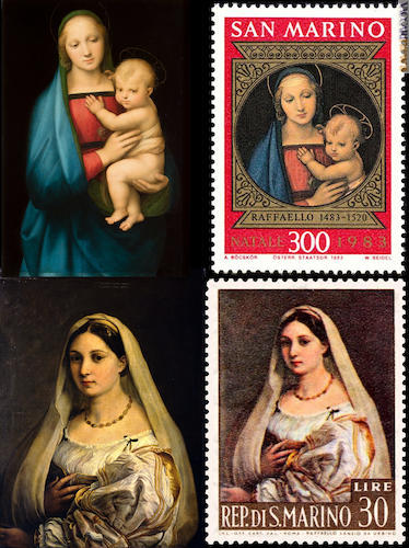 La “Madonna con il bambino” o “Madonna del Granduca” del 1506-1507 e “La velata” del 1512-1513 paragonati alle cartevalori emesse da San Marino nel 1983 e 1963. I tre dipinti appartengono alle Gallerie degli uffizi di Firenze (su concessione Mibact)