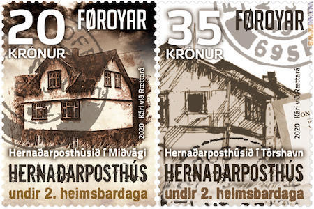 I due francobolli; il primo è disponibile anche in foglietto. Raffigurano le sedi dei due uffici di posta militare allestiti dal Regno Unito nelle Faeroer
