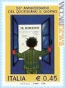 Riproduce l’opera del disegnatore Raymond Savignac il francobollo celebrativo per il mezzo secolo del «Giorno»
