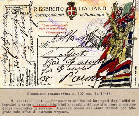 Una cartolina con il timbro “Verificato per censura” (Archivio storico di Poste italiane) e un richiamo alla “nota malattia” (“Bollettino del ministero delle Poste e dei telegrafi” 30, 21 ottobre 1918)