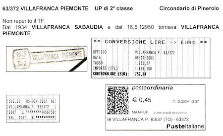 Tutto può servire. La scheda per Villafranca Piemonte: il 63/372 (la cifra sopra indica la provincia di Torino, quella sotto lo specifico ufficio) diventa 63372