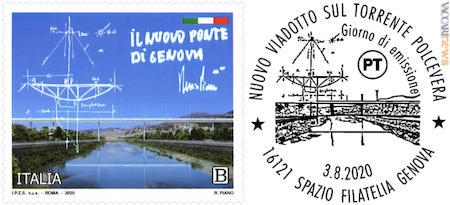 Non solo il ponte - Dell’architetto Renzo Piano anche bozzetto, testo manoscritto e firma presenti sul francobollo, nonché parte del testo contenuto nel bollettino illustrativo 