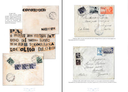 Due pagine del volume con una lettera anonima e due buste dall’estero tassate per il servizio di fermo in posta