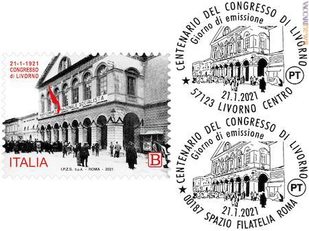 Il francobollo e i due annulli speciali; indirettamente ricordano la fondazione del Partito comunista d’Italia 