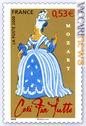 I sei francobolli francesi per Wolfgang Amadeus Mozart (qui quello per «Così fan tutte») sono stati proposti per diverse confezioni
