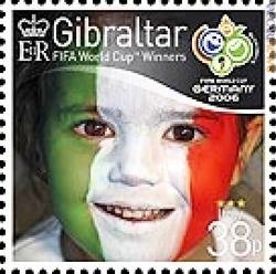 Anche l'entusiasmo italiano nella recentissima serie che Gibilterra ha emesso per salutare «Deutschland 2006» e i vincitori dei precedenti campionati