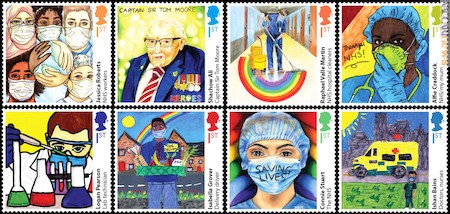 Gli otto francobolli del Regno Unito con i bozzetti vincenti